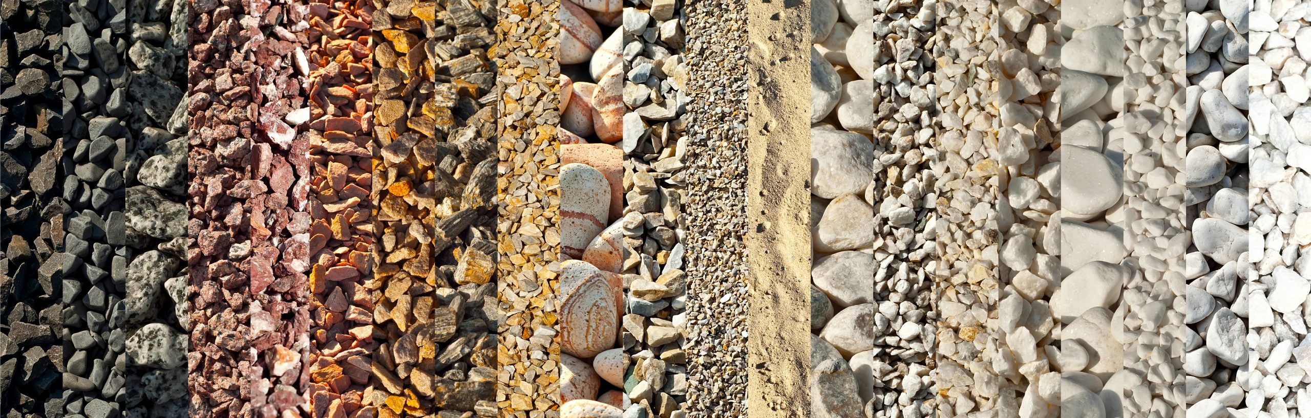 Drainage systems from small pebbles. Garden drainage for plants and trees. Collage of different types of stones. Decorative stones of different colors and sizes.